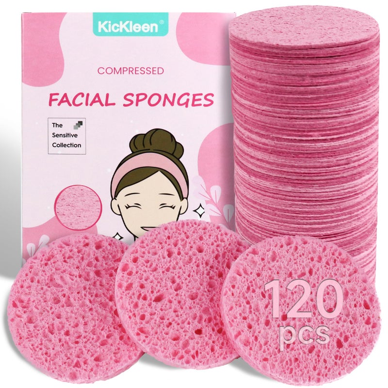 kickleen 120-Count Compressed Facial Sponges|Kickleen 100% Natural Cellulose Cosmetic Spa Sponges for Daily Facial Cleansing|Makeup And Mask Removal|Exfoliating|Skin Massage|Pore Exfoliation (120 Count (Pink)) - Image 1