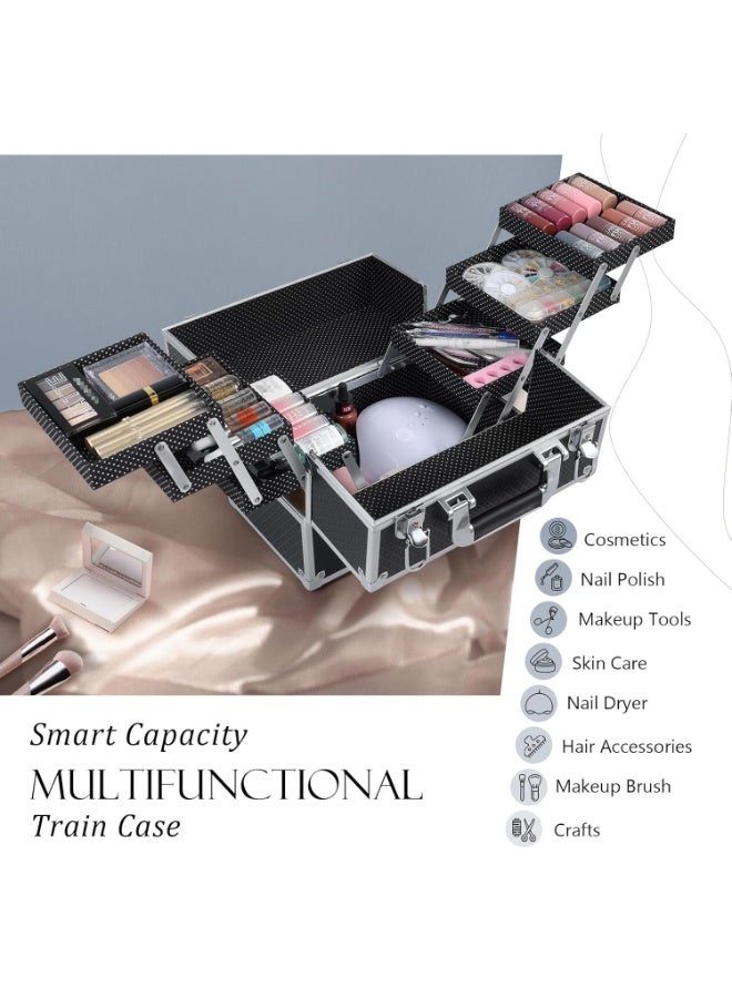 FRENESSA Makeup Train Case Makeup Case 11.8 Inch Large Cosmetic Box Organizer Travel Storage Professional Make Up Train Carrying Case with 6 Trays Locking Hard Vanity Storage Black - Image 2