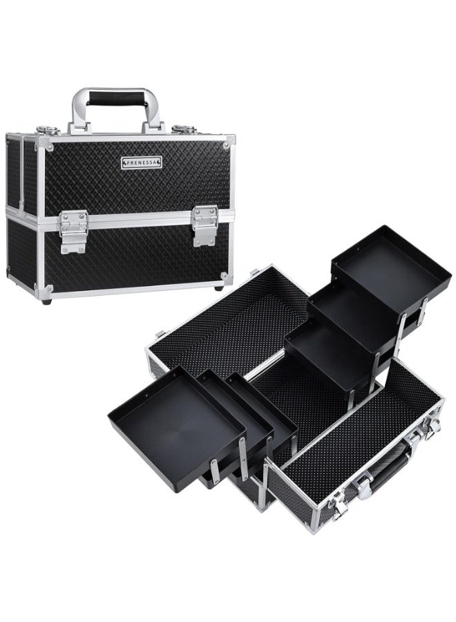 FRENESSA Makeup Train Case Makeup Case 11.8 Inch Large Cosmetic Box Organizer Travel Storage Professional Make Up Train Carrying Case with 6 Trays Locking Hard Vanity Storage Black - Image 1