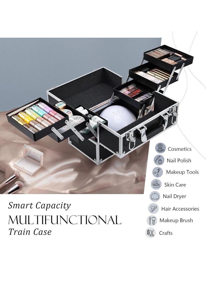 FRENESSA - Makeup Train Case 12 inch Large Portable Cosmetic Case - 6 Tier Trays Professional Makeup Storage Organizer Box Make Up Carrier with Lockable keys Travel Case for Women and Girls Black - Image 1