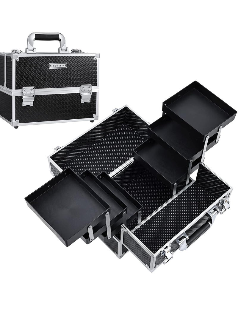 FRENESSA - Makeup Train Case 12 inch Large Portable Cosmetic Case - 6 Tier Trays Professional Makeup Storage Organizer Box Make Up Carrier with Lockable keys Travel Case for Women and Girls Black - Image 1
