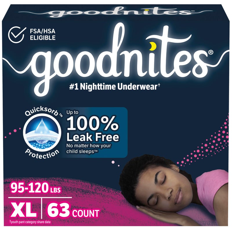 GoodNites حفاضات ليلية للبنات من جودنايتس، مقاس كبير جداً (95-120 رطل)، 63 قطعة (3 عبوات من 21)، قد يختلف التغليف - Image 1
