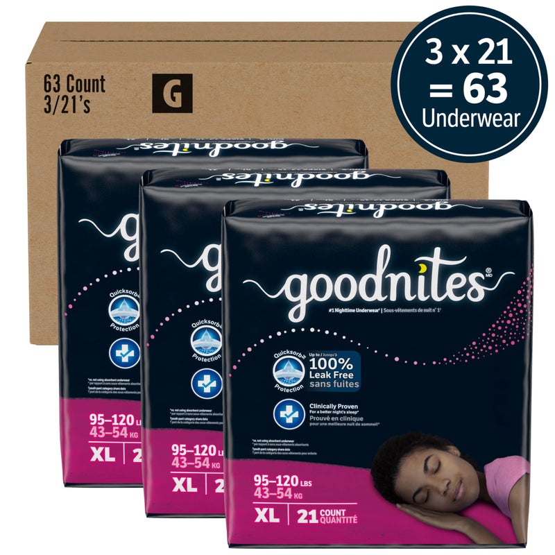 GoodNites حفاضات ليلية للبنات من جودنايتس، مقاس كبير جداً (95-120 رطل)، 63 قطعة (3 عبوات من 21)، قد يختلف التغليف - Image 2
