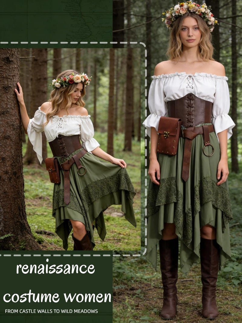 Verceco Women Pirate Costume Adult Renaissance Medieval Outfit with Peasant Top and Pirates Skirt 3-Piece Halloween Set (Green, M) - Image 4
