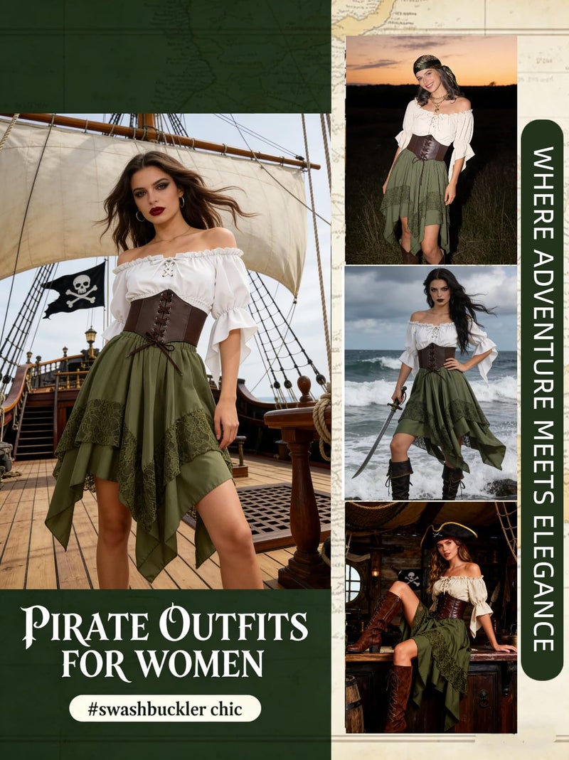 Verceco Women Pirate Costume Adult Renaissance Medieval Outfit with Peasant Top and Pirates Skirt 3-Piece Halloween Set (Green, M) - Image 5