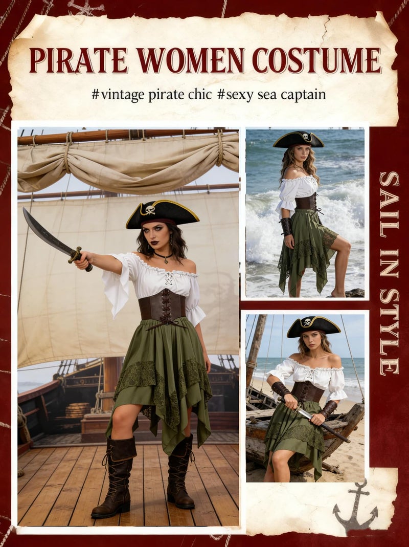 Verceco Women Pirate Costume Adult Renaissance Medieval Outfit with Peasant Top and Pirates Skirt 3-Piece Halloween Set (Green, M) - Image 3