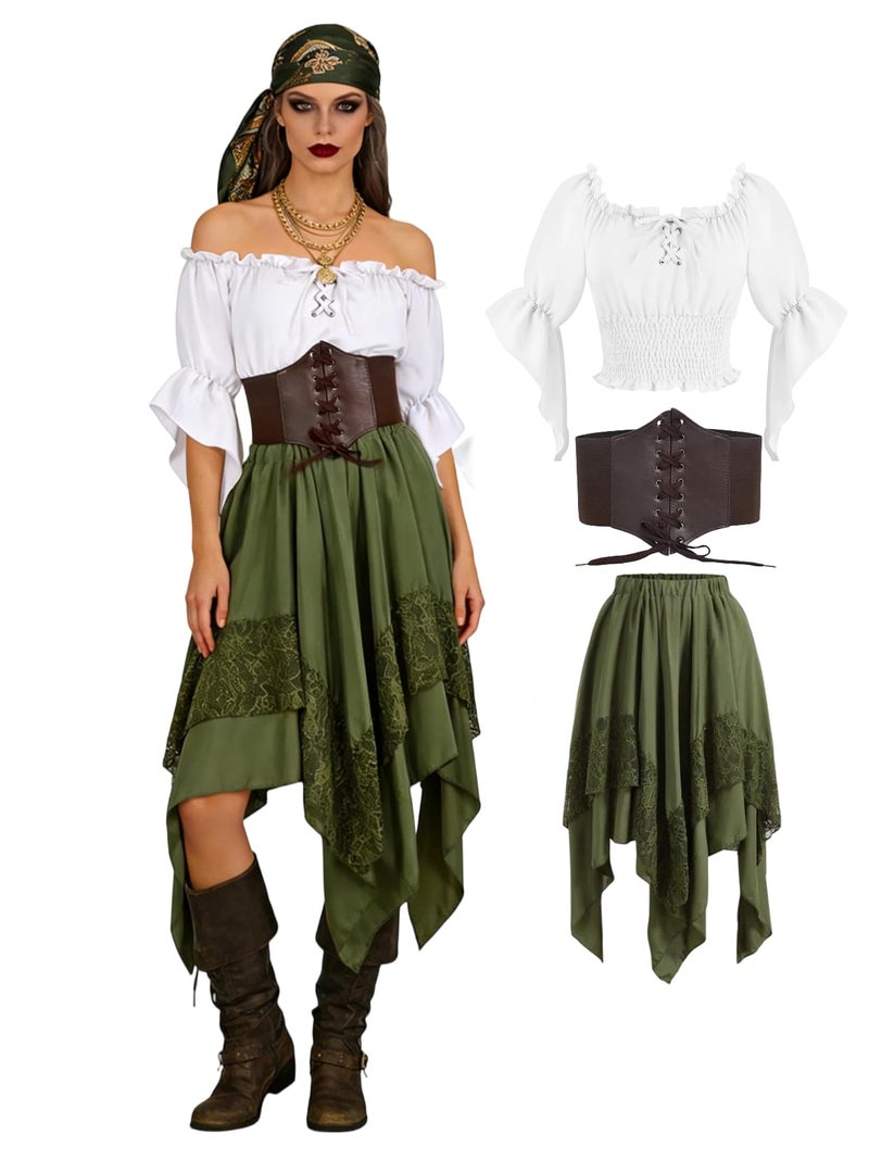 Verceco Women Pirate Costume Adult Renaissance Medieval Outfit with Peasant Top and Pirates Skirt 3-Piece Halloween Set (Green, M) - Image 1