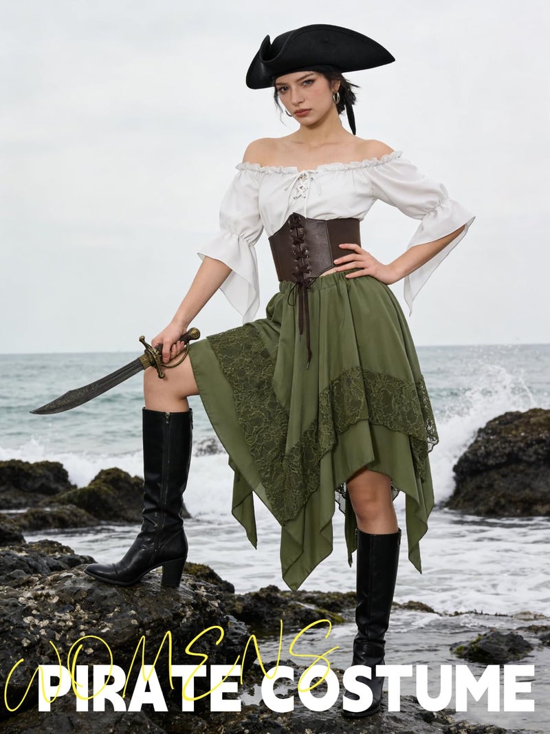 Verceco Women Pirate Costume Adult Renaissance Medieval Outfit with Peasant Top and Pirates Skirt 3-Piece Halloween Set (Green, M) - Image 2
