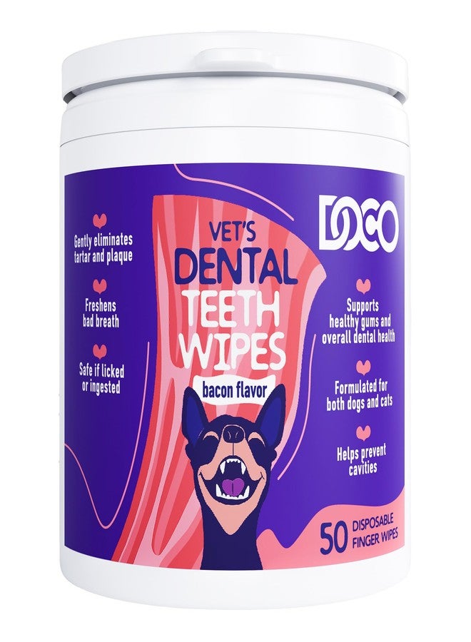 DOCO Dog Teeth Cleaning Wipes Dental Finger Wipes for Cats & Dogs Remove Plaque & Tartar, Freshen Breath, No Rinse, Easy & Effective Pet Tooth Cleaning Kit for Oral Care (Bacon Flavor, 50 Count) - Image 1