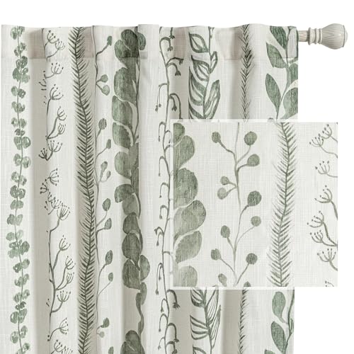 MEETSKY Sage Green Curtains 84 Inches Long 2 Panels Boho Curtains for Living Room Light Filtering Patterned Drapes for Bedroom Linen Style Back Tab Leaf Print Window Treatment, 50” Wide Each Panel - Image 1