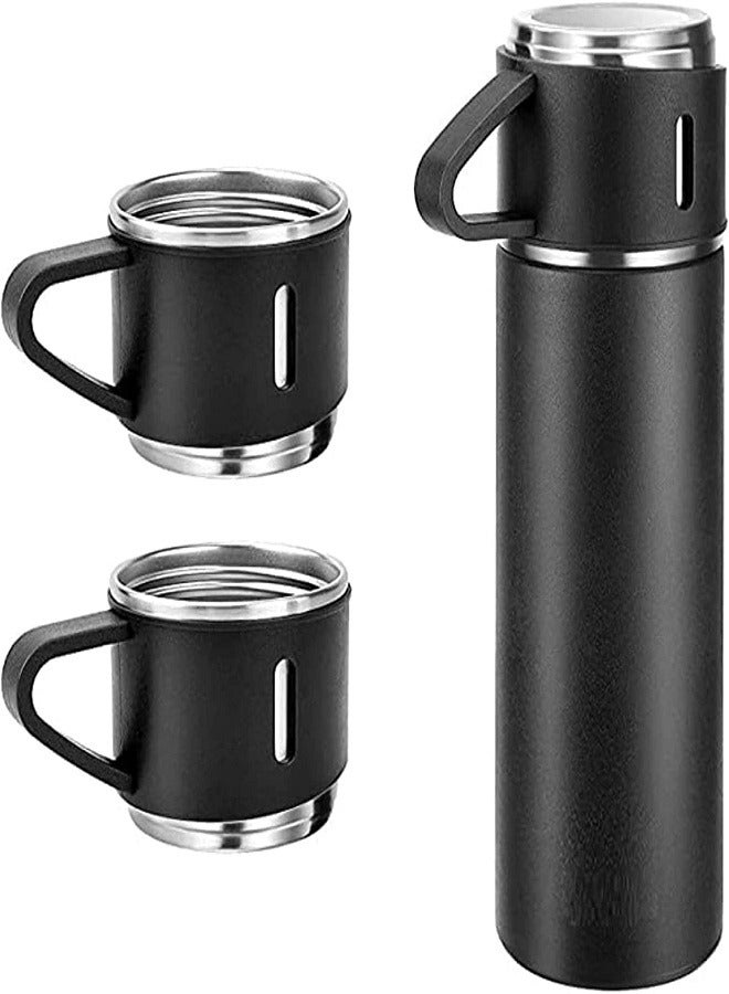Thermos Bottle Set Double-Layer Stainless Steel Vacuum Flask Travel Water Bottle with 3 Steel Cups - Black  - Image 1