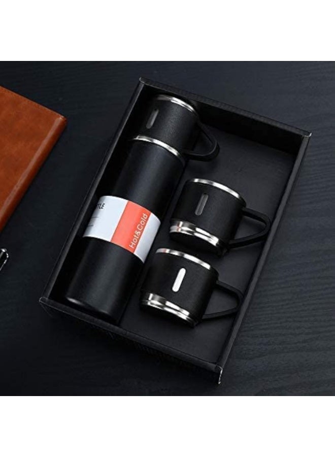 Thermos Bottle Set Double-Layer Stainless Steel Vacuum Flask Travel Water Bottle with 3 Steel Cups - Black  - Image 2