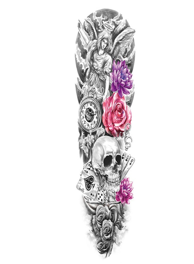 ورقة واحدة من ملصقات الوشم المؤقت للذراع بالكامل، وشم كبير مقاوم للماء، ملصقات وشم كبيرة على شكل زهرة الفاوانيا والورد للرجال والنساء - Image 1