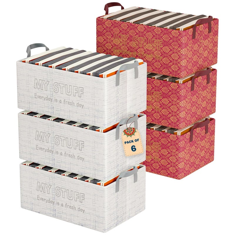 Urbane Home Urbane Home Pack of 6 Foldable NonWoven Storage Box for Clothes Dress Towel Organiser for Wardrobe Collapsible Container Basket Grey Maroon - Image 1