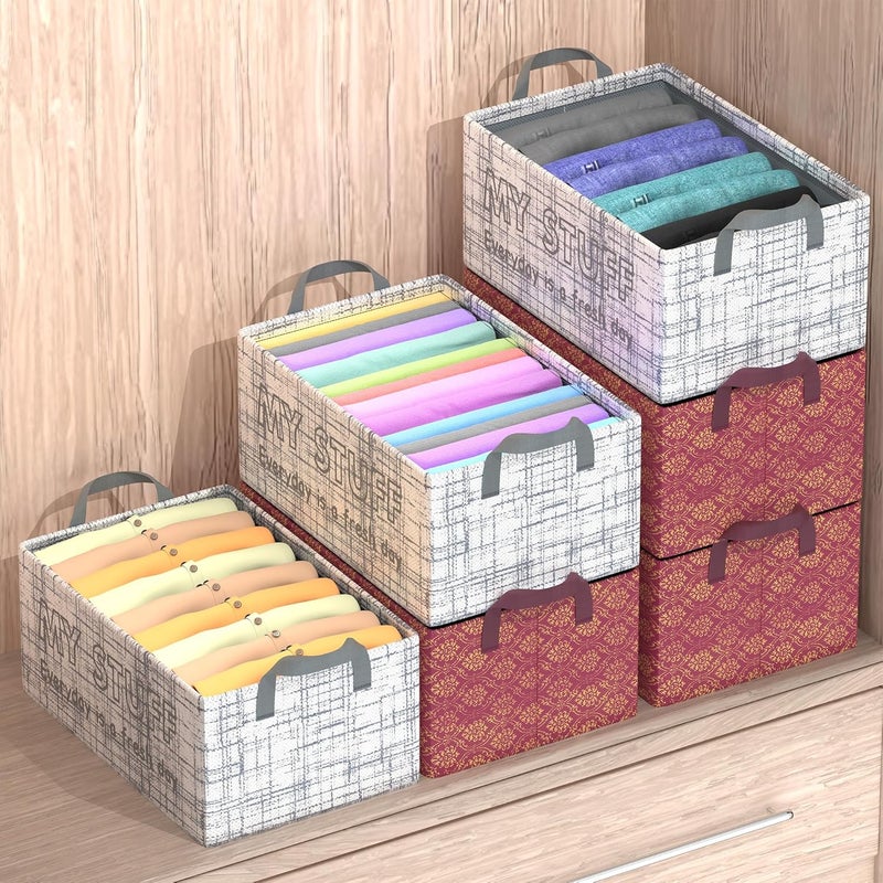 Urbane Home Urbane Home Pack of 6 Foldable NonWoven Storage Box for Clothes Dress Towel Organiser for Wardrobe Collapsible Container Basket Grey Maroon - Image 2
