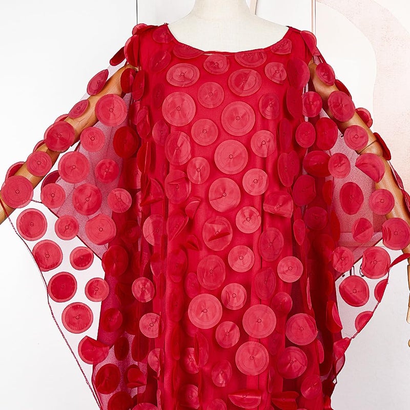 HD African Women Applique Flower Dress Boat Neck Red Caftan Chiffon Gown One Size - Image 4