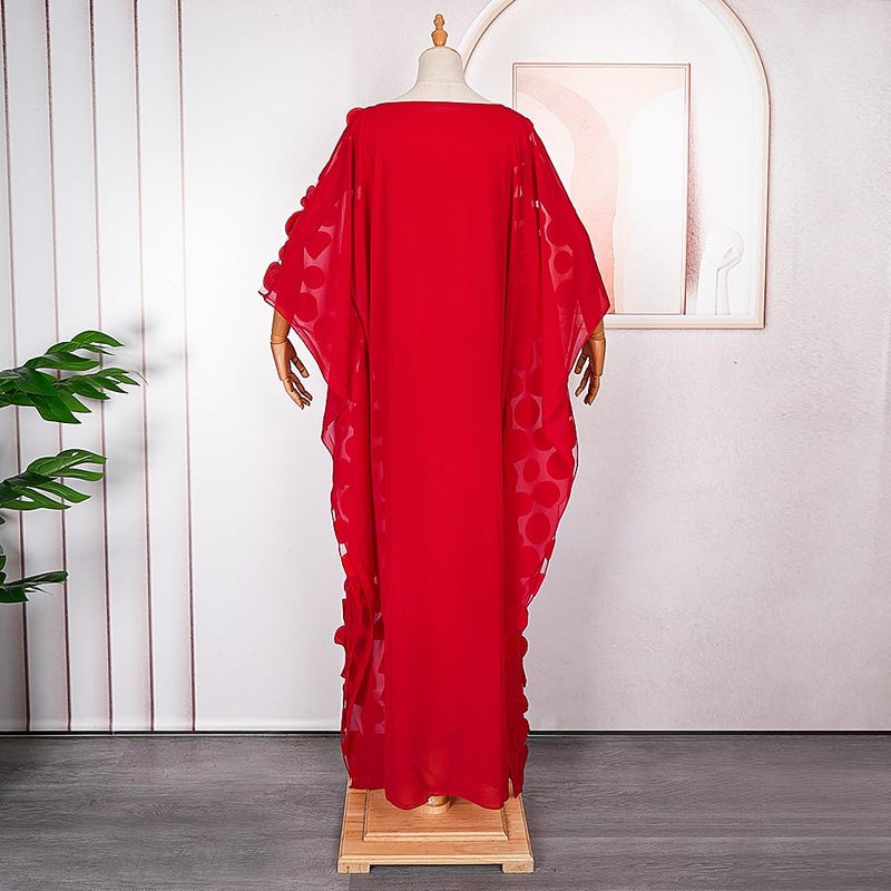 HD African Women Applique Flower Dress Boat Neck Red Caftan Chiffon Gown One Size - Image 5