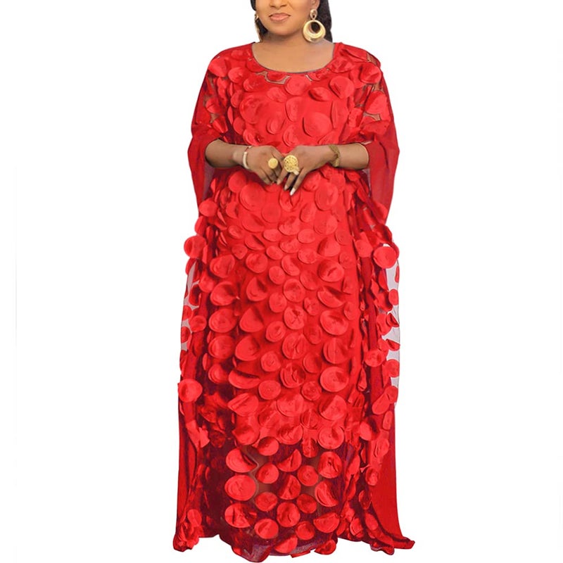 HD African Women Applique Flower Dress Boat Neck Red Caftan Chiffon Gown One Size - Image 1