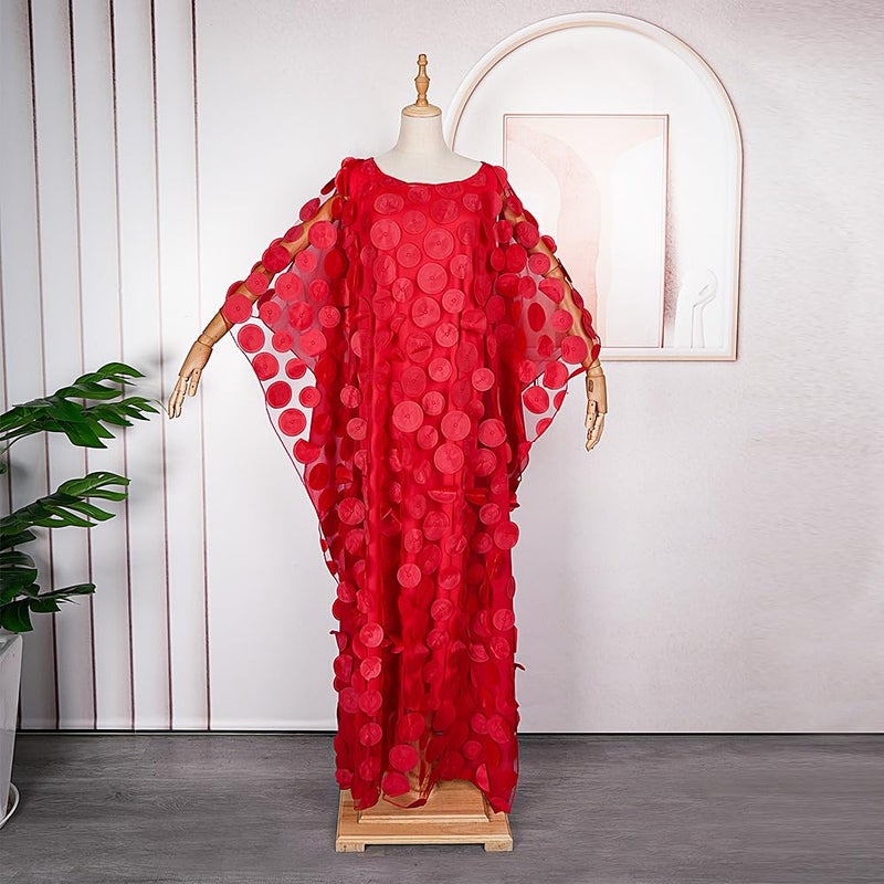 HD African Women Applique Flower Dress Boat Neck Red Caftan Chiffon Gown One Size - Image 3
