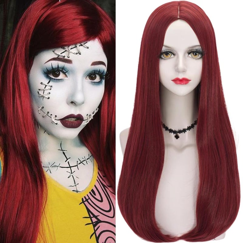 Red Sally Costume Wig for Women Long Straight Dark Red Wigs 236 Synthetic Hair for Halloween Party Daily