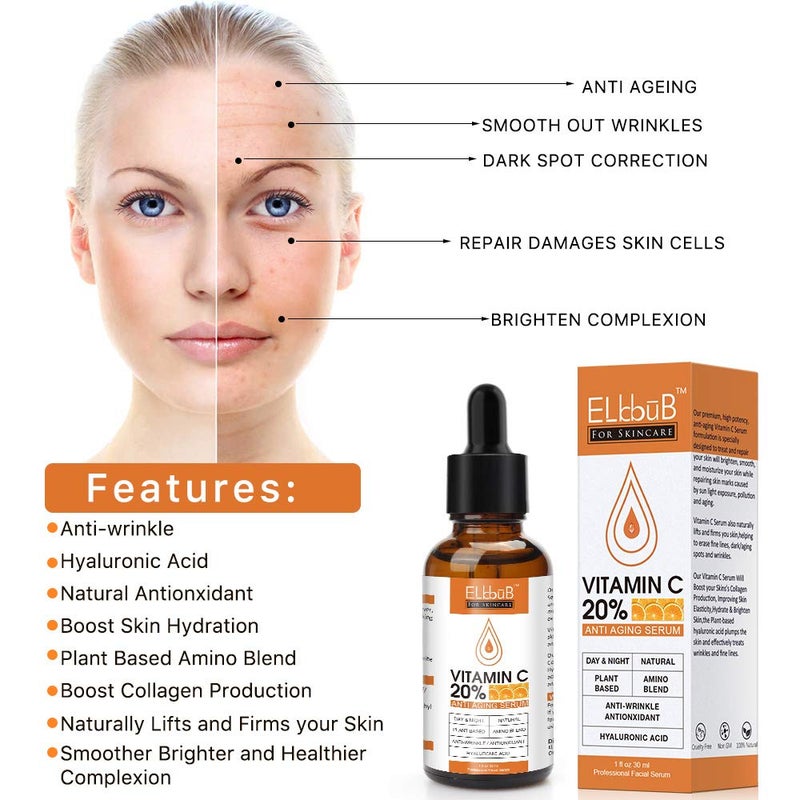 ELBBUB Premium 20% Vitamin C Serum For Face with Hyaluronic Acid, Retinol & Amino Acids - Boost Skin Collagen,Hydrate & Plump Skin, Anti Aging & Wrinkle Facial Serum - Image 5