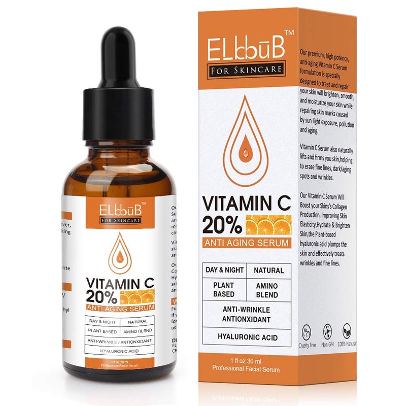 ELBBUB Premium 20% Vitamin C Serum For Face with Hyaluronic Acid, Retinol & Amino Acids - Boost Skin Collagen,Hydrate & Plump Skin, Anti Aging & Wrinkle Facial Serum - Image 1