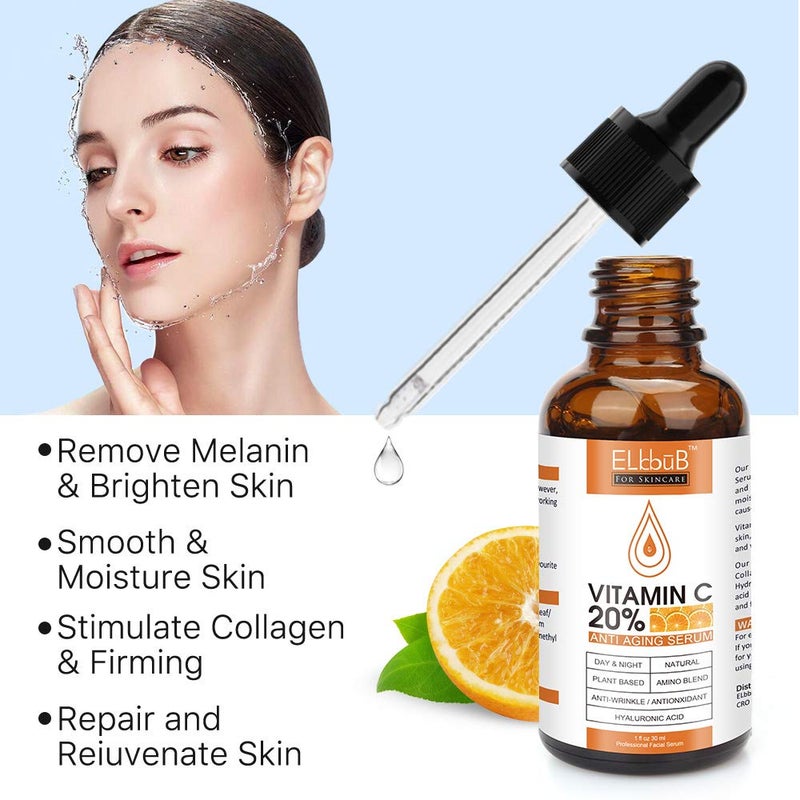 ELBBUB Premium 20% Vitamin C Serum For Face with Hyaluronic Acid, Retinol & Amino Acids - Boost Skin Collagen,Hydrate & Plump Skin, Anti Aging & Wrinkle Facial Serum - Image 3