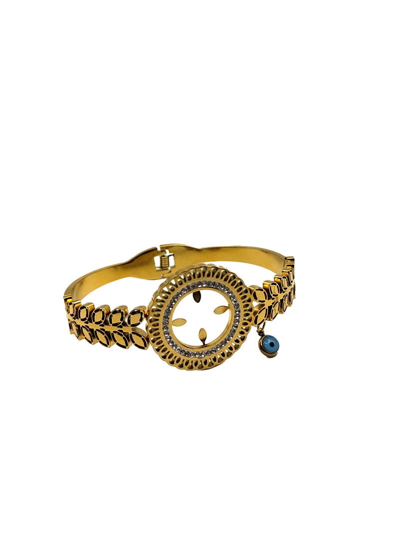 Urban Lifestyle Gold-Plated Women's Bangle Bracelet with Evil Eye Charm – Floral Design, Adjustable, Fashion Jewellery - Image 1