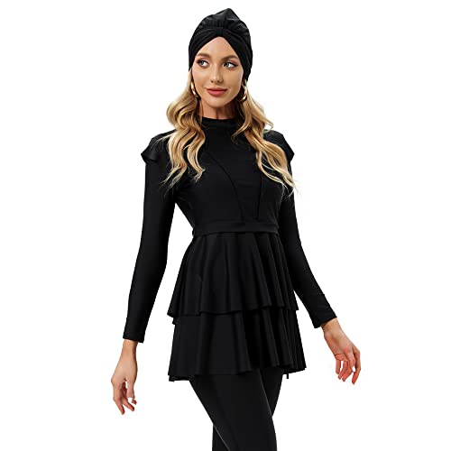 YONGSEN Women Burkini Islamic Modest Plus Size Muslim Swimwear with Bra Pad Front Black and White Grid Hijab Swimsuit (Black, XL) - Image 5