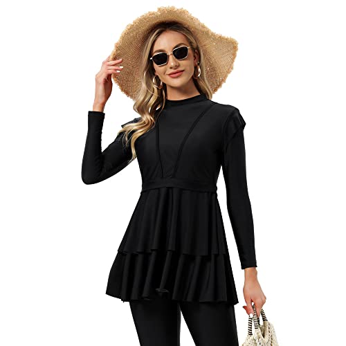 YONGSEN Women Burkini Islamic Modest Plus Size Muslim Swimwear with Bra Pad Front Black and White Grid Hijab Swimsuit (Black, XL) - Image 3
