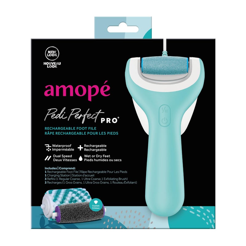 Amope Pedi Perfect Pro Wet & Dry Electric Foot File Callus Remover Kit, Waterproof, Rechargeable, Pedicure Tool for Feet, Removes Hard, Dead Skin, Feet Scrubber w/ Diamond Crystals, w/ 3 Roller Heads - Image 1