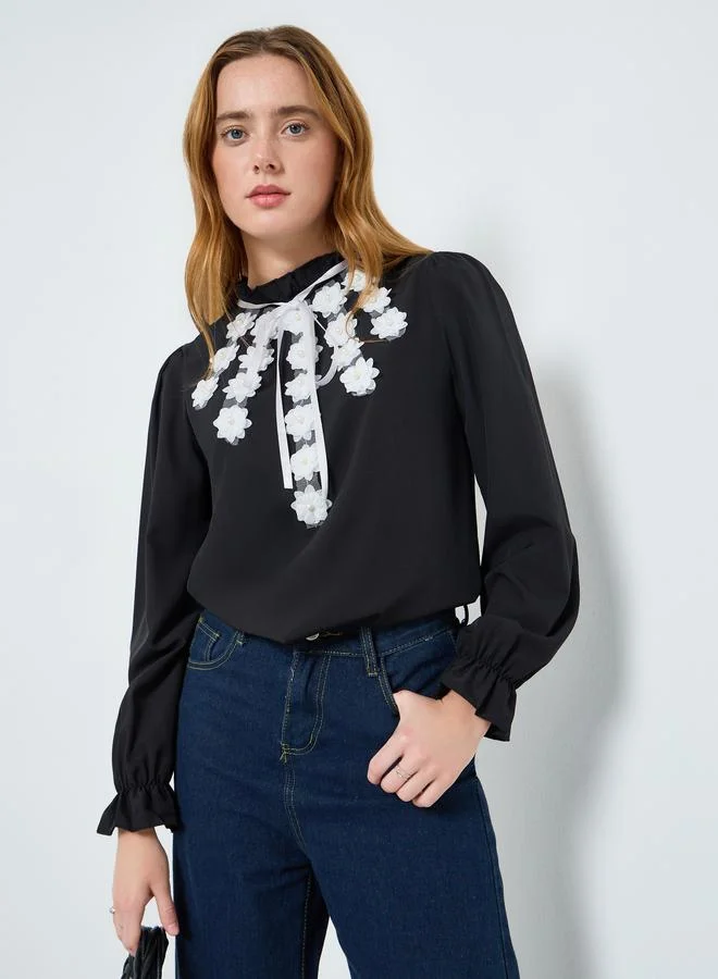 Take Two Women Black Floral Embroidery Detail Top