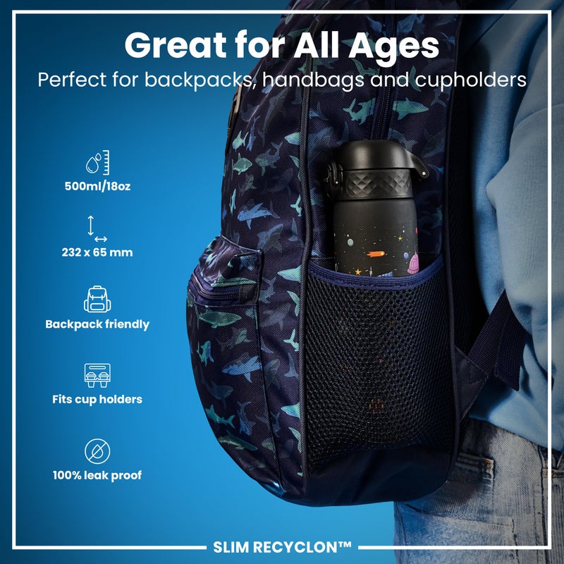 Ion8 Water Bottle  500 Ml/18 Oz  Leak Proof  Easy To Open  Secure Lock  Dishwasher Safe  Bpa Free  Hygienic Flip Cover  Carry Handle  Easy Clean  Odor Free  Carbon Neutral  Black  Spaceships Design - Image 2