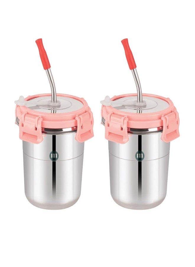 MARU Stainless Steel Tumbler for Kids Set of 2-300ml Drinkware with Straw, Secure Lid, Cleaning Brush, and Silicone Sleeve (Ice Pink) - Perfect for Smoothies and Juices!