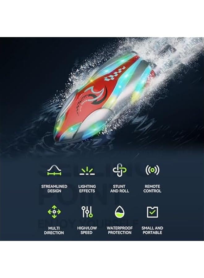 Mini RC Boat with LED Lights, Remote Control Boat for Kids and Adults, 2.4GHz Stunt RC Racing Boats with 360° Flip for Bathtub, Pools and Lakes, Gift for 6+ Year Old Boys and Girls (Red) - Image 2