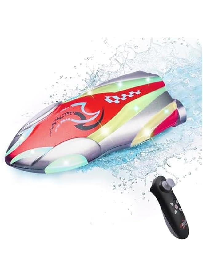 Mini RC Boat with LED Lights, Remote Control Boat for Kids and Adults, 2.4GHz Stunt RC Racing Boats with 360° Flip for Bathtub, Pools and Lakes, Gift for 6+ Year Old Boys and Girls (Red) - Image 1