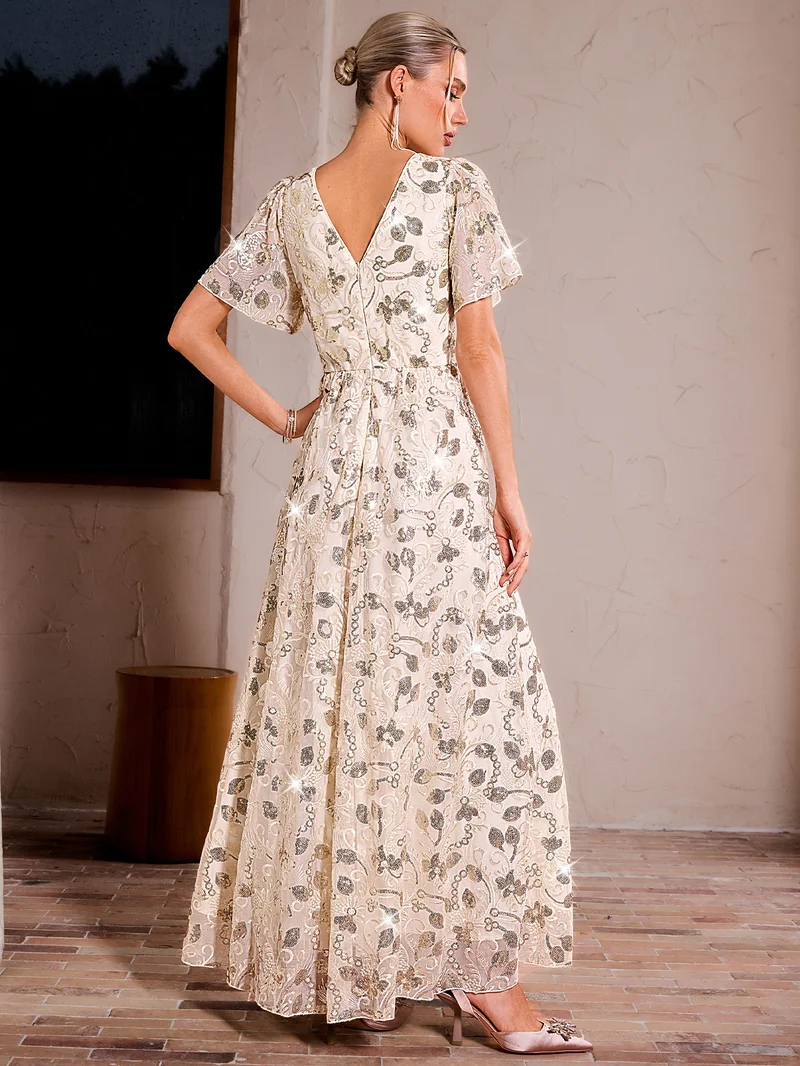 Simplee V Neck Short Sleeve Hollow Lace Maxi Dress, Tiered Flared Skirt, Vintage Countryside Dress