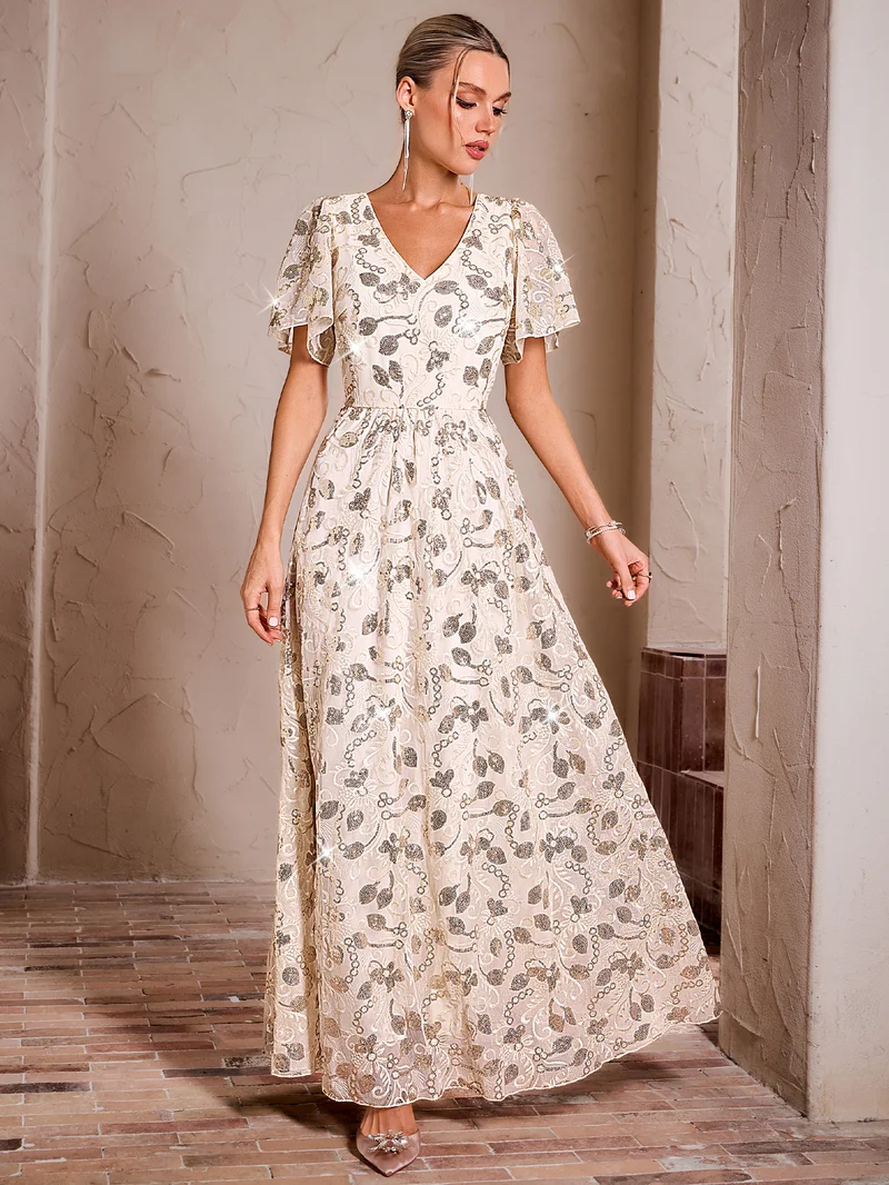 Simplee V Neck Short Sleeve Hollow Lace Maxi Dress, Tiered Flared Skirt, Vintage Countryside Dress