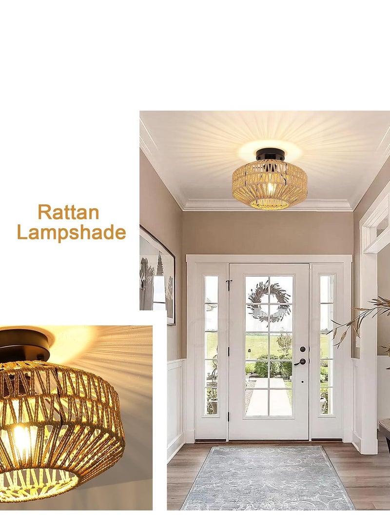 GUDOO Retro Ceiling Light Rustic Ceiling Lamp Hanging Lamp Braided Basket Lampshade Vintage Rattan Lamp Chandeliers E27 Industrial Ceiling Lights for Kitchen Dining Room 30cm  - Image 4