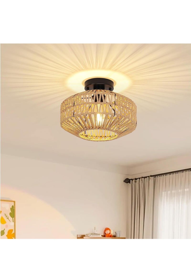 GUDOO Retro Ceiling Light Rustic Ceiling Lamp Hanging Lamp Braided Basket Lampshade Vintage Rattan Lamp Chandeliers E27 Industrial Ceiling Lights for Kitchen Dining Room 30cm  - Image 1