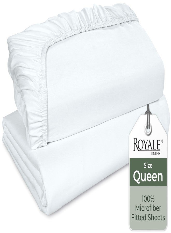 Royale Linens 2 Pack Fitted Sheet - Elastic Sheets - Queen Fitted Sheet Only -Soft & Breathable - Brushed 1800 Microfiber- Stain Resistant- Hotel Quality Deep Pocket Stretches Up to 16" (Queen, White) - Image 1