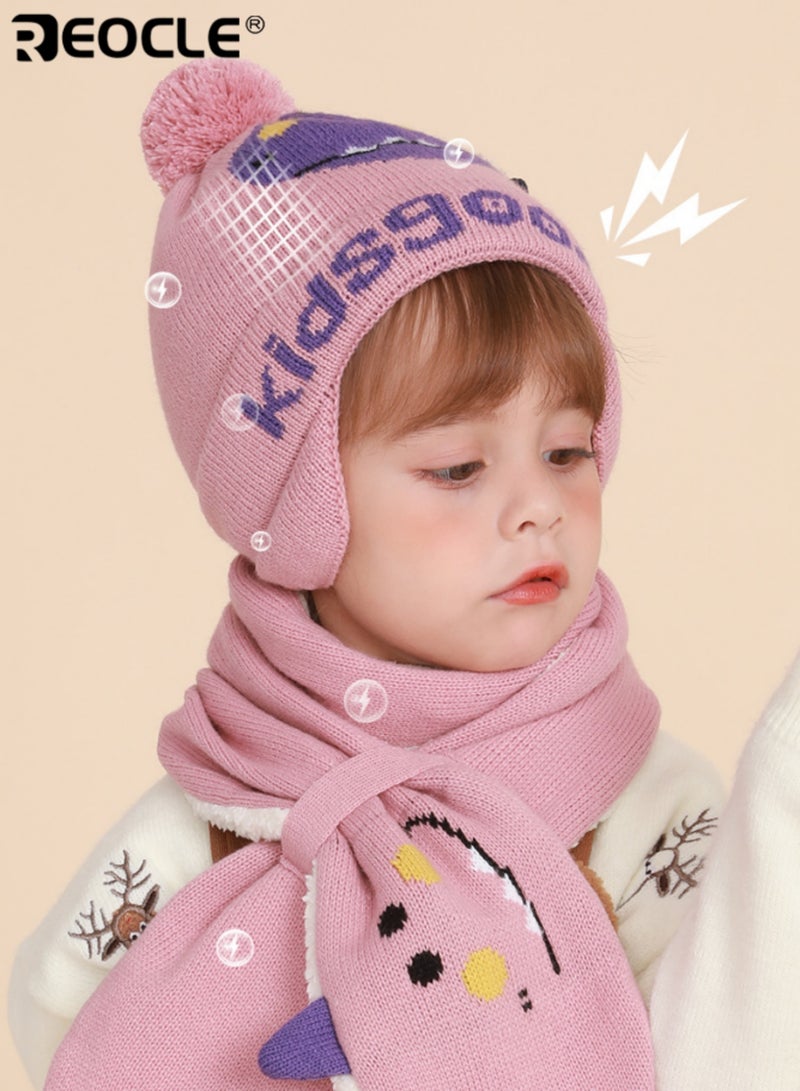 2PCS Kid's Hat and Scarf Set with Dinosaur Pattern and Winter Warmth Design Children’s Knit Beanie with Pom Pom for Cold Wind Protection - Image 5