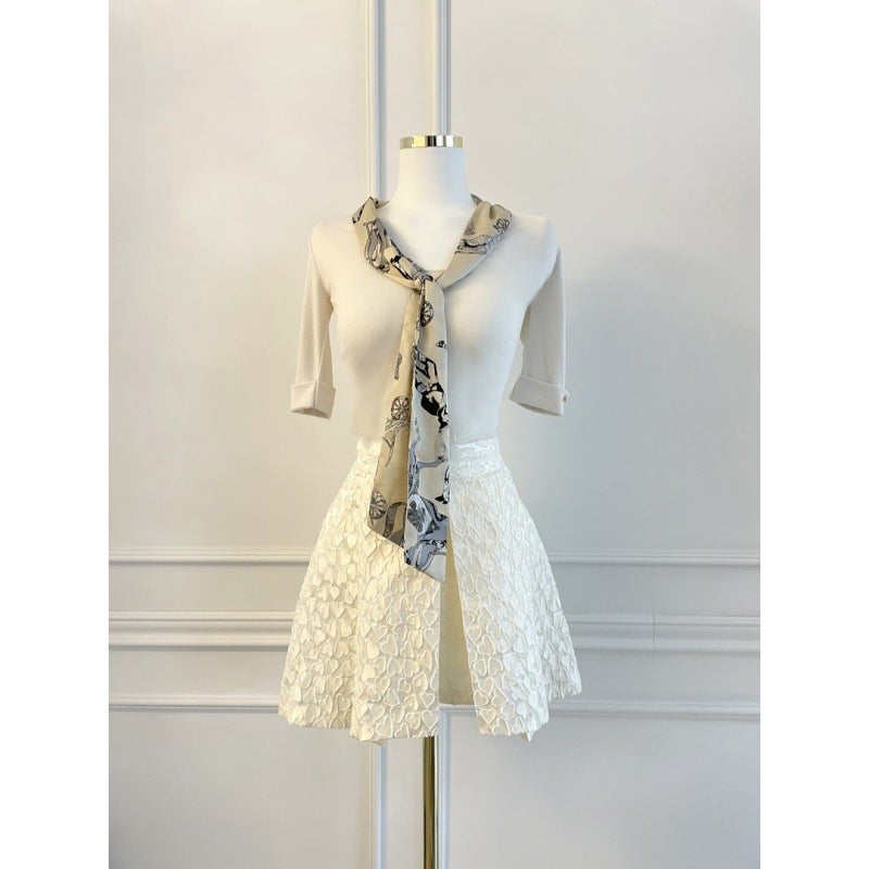 Korean Chic Secretary Style Top with Scarf White