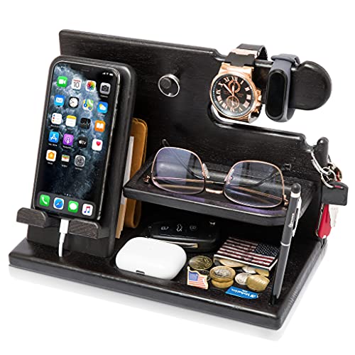 TESLYAR Wood Phone Docking Station for Men - Desk or Nightstand Organizer - Birthday Gifts for Husband, Dad - Anniversary Idea from Wife - Key Holder, Stand Wallet, Watch & Essentials (Granite Black) - Image 1