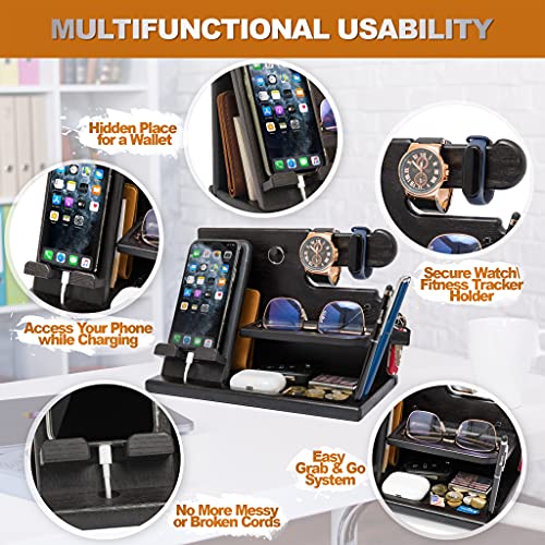 TESLYAR Wood Phone Docking Station for Men - Desk or Nightstand Organizer - Birthday Gifts for Husband, Dad - Anniversary Idea from Wife - Key Holder, Stand Wallet, Watch & Essentials (Granite Black) - Image 5