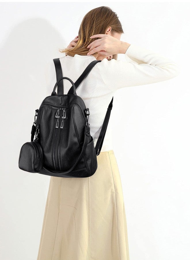 UTO حقيبة ظهر نسائية من UTO جلد نباتي قابلة للتحويل مع زخارف للنساء حقيبة ظهر بسحاب مزدوج وحقيبة كتف سوداء - Image 2