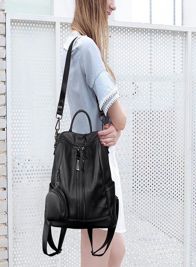 UTO حقيبة ظهر نسائية من UTO جلد نباتي قابلة للتحويل مع زخارف للنساء حقيبة ظهر بسحاب مزدوج وحقيبة كتف سوداء - Image 3