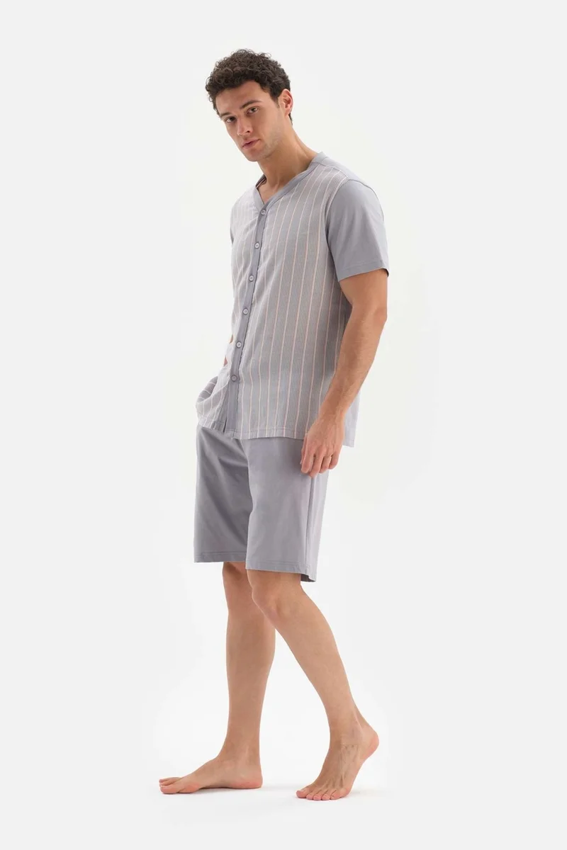 dagi Gray Buttoned Front Striped Woven Shorts Pajama Set