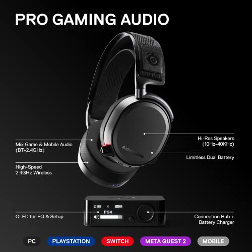 SteelSeries Arctis Pro Wireless Gaming Headset - High Fidelity 2.4 GHz Wireless - Mixable Bluetooth - Non-Stop Dual Battery - OLED Base Station - AI Noise Canceling Mic - PC, PS5, PS4, Mobile - Black - Image 2