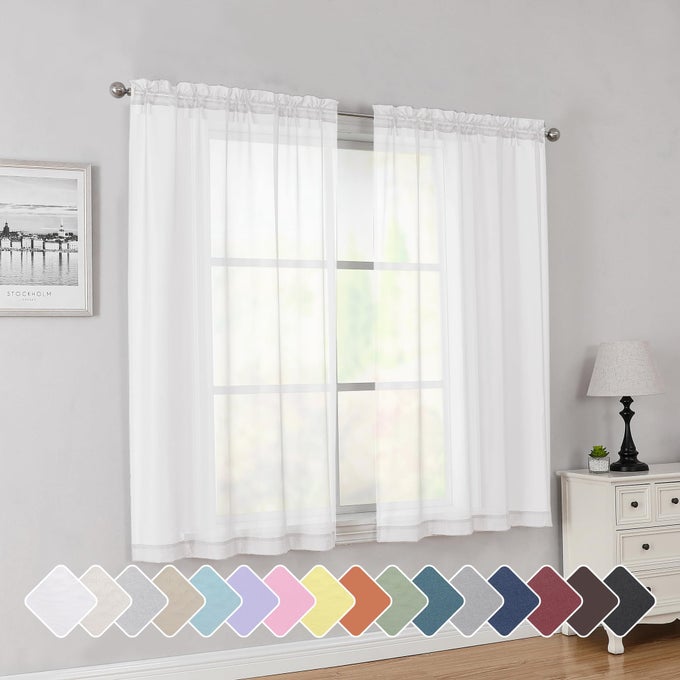 WHITE SHORT SHEER CURTAINS 45 INCH LENGTH FOR SMALL WINDOWS ROD POCKET 2 PANELS SET SOLID VOILE DRAPES WINDOW SHEER CURTAINS FOR BEDROOM BATHROOM KIDS ROOM KITCHEN 42X45 INCH WHITE